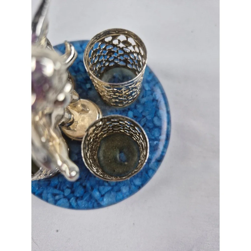 Silver Tone Cherub Angel Lipstick Holder Blue Crushed Stone Base Vanity Sam Fink